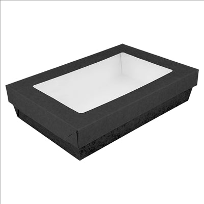 PETITES BOÎTES+COUVERCLES AVEC FÊNETRE 'THEPACK' 1300 ML 250 G/M2 + 12PP + OPP 21x14x5 CM NOIR CARTON ONDULÉ NANO-MICRO (200 UNITÉS)