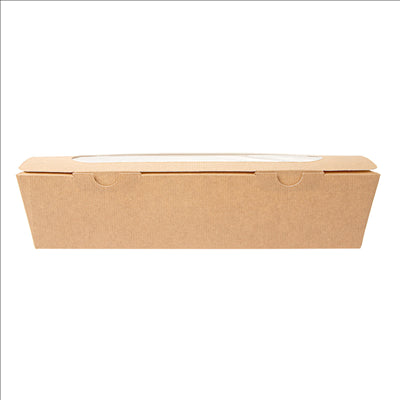 BOÎTES SANDWICH AVEC FENÊTRE - BAGUETTE 'THEPACK' 220 G/M2 + OPP 27,5x8x6,2 CM NATUREL CARTON ONDULÉ NANO-MICRO (200 UNITÉS)