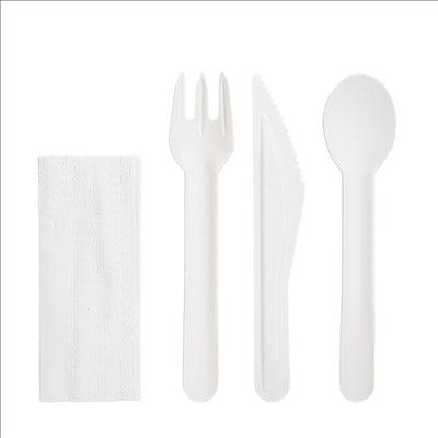 SET 4/1 FOURCHETTE, COUTEAU, CUILLÈRE, SERVIETTE 'PAPER CUTLERY'  15,8 CM BLANC PAPIER (100 UNITÉS)