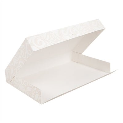 BOÎTES CATERING, PLATE 'THEPACK DAMASCO' 310 G/M2 28x42x6 CM BLANC CARTON ONDULÉ NANO-MICRO (100 UNITÉS)