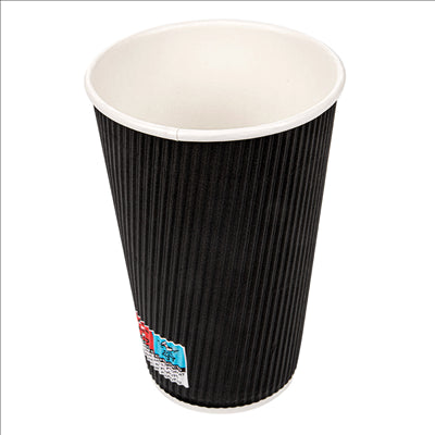 GOBELETS BOISSONS CHAUDES DOUBLE PAROI ONDULÉ 480 ML 300 + 250 + 18 PE G/M2 Ø9/6x13,2 CM NOIR CARTON (500 UNITÉS)