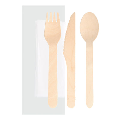 SET 4/1 FOURCHETTE, COUTEAU, CUILLÈRE, SERVIETTE 'MAKAN'  16 CM NATUREL BOIS (100 UNITÉS)