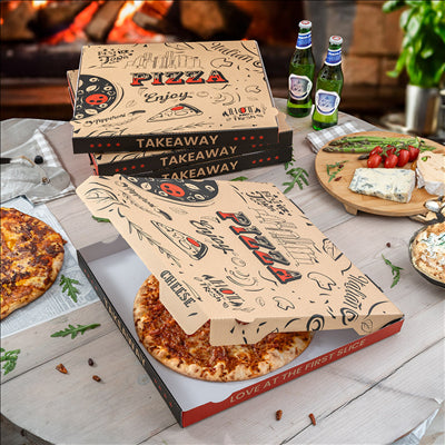 BOÎTES PIZZA 'ENJOY PIZZA' 'THEPACK' 330 G/M2 40x40x3,8 CM NATUREL CARTON ONDULÉ MICROCANAL (100 UNITÉS)