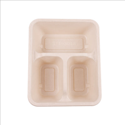 PLATEAUX 3 COMPART + COUVERCLE PET 'BIONIC' 950 ML 22x18x5,5+1,3 CM NATUREL BAGASSE (100 UNITÉS)