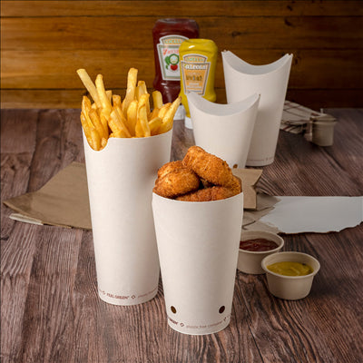 GOBELETS À FRITES AVEC FERMETURE 'COMPOSTABLE' 16 OZ - 480 ML 242 G/M2 8,5x14 CM BLANC CARTON (1000 UNITÉS)