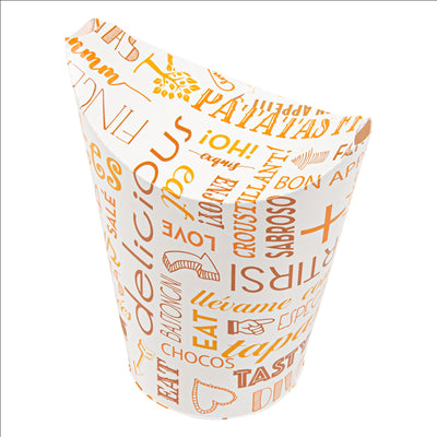 GOBELETS À FRITES AVEC FERMETURE 'PAROLE' 16 OZ - 480 ML 220 + 18PE G/M2 8,5x14 CM BLANC CARTON (50 UNITÉS)