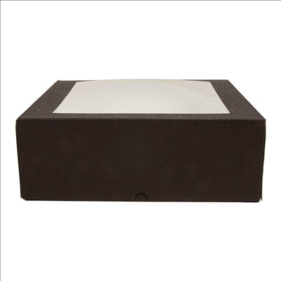 BOÎTES PÂTISSERIES AVEC FENÊTRE 'THEPACK' 250 G/M2 + OPP 28x28x10 CM CHOCOLAT CARTON ONDULÉ NANO-MICRO (100 UNITÉS)