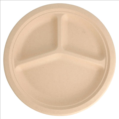 ASSIETTES 3 COMPART. 'BIONIC'  Ø 26x2,6 CM NATUREL BAGASSE (800 UNITÉS)