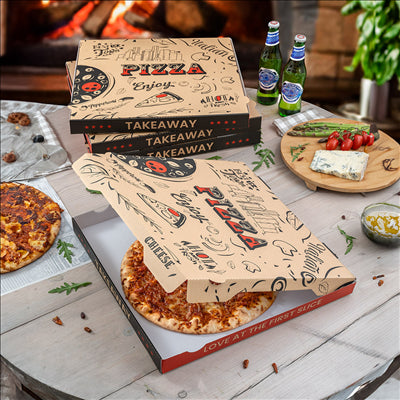 BOÎTES PIZZA 'ENJOY PIZZA' 'THEPACK' 330 G/M2 29x29x3,8 CM NATUREL CARTON ONDULÉ MICROCANAL (100 UNITÉS)