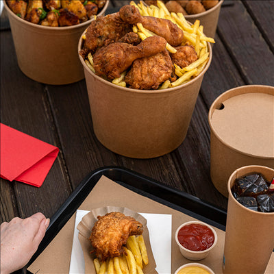 CONTAINERS POULET + COUVERCLES 4500 ML 337 + 18PE G/M2 Ø 21,6/16x16,6 CM NATUREL KRAFT (120 UNITÉS)