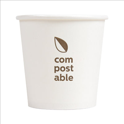 GOBELETS BOISSONS FROIDES ET CHAUDES 1 PAROI 'COMPOSTABLE' 120 ML - 4 oz 230 G/M2 Ø6,3/4,5x6 CM BLANC CARTON (1000 UNITÉS)