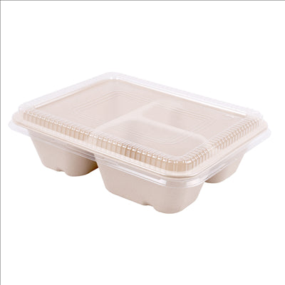 PLATEAUX 3 COMPART + COUVERCLE PET 'BIONIC' 950 ML 22x18x5,5+1,3 CM NATUREL BAGASSE (100 UNITÉS)