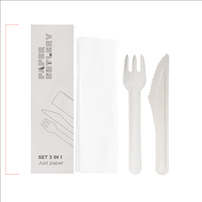 SET 3/1 FOURCHETTE, COUTEAU, SERVIETTE 'PAPER CUTLERY'  15,8 CM BLANC PAPIER (100 UNITÉS)