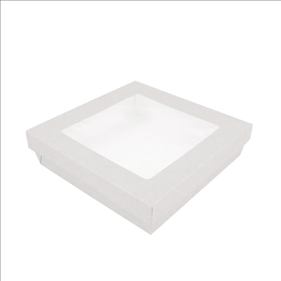 PETITES BOÎTES+COUVERCLES AVEC FÊNETRE 1000 ML 300 + 18 PE G/M2 18,5x18,5x4 CM BLANC CARTON (200 UNITÉS)