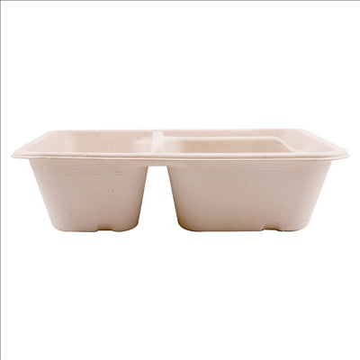 PLATEAUX 3 COMPART + COUVERCLE PET 'BIONIC' 950 ML 22x18x5,5+1,3 CM NATUREL BAGASSE (100 UNITÉS)