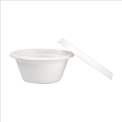 MINI POTS + COUVERCLES 'BIONIC' 60 ML Ø 6,9x3+0,7 CM BLANC BAGASSE (1000 UNITÉS)