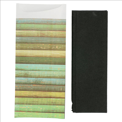 SACS COUVERTS + SERVIETTE 'JUST IN TIME - WOOD' 90 + 10PE G/M2 8,5x19,5 CM NOIR AIRLAID (250 UNITÉS)