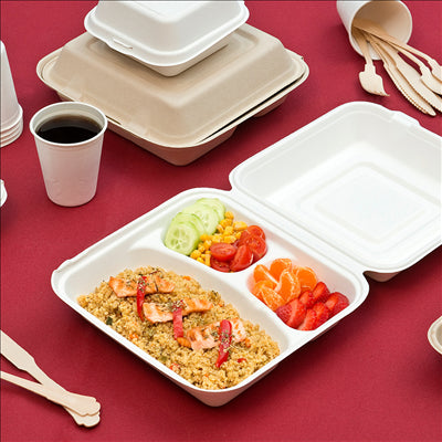 COQUILLES "L" 3 COMPART. 'BIONIC'  25x25x7,5 CM BLANC BAGASSE (250 UNITÉS)