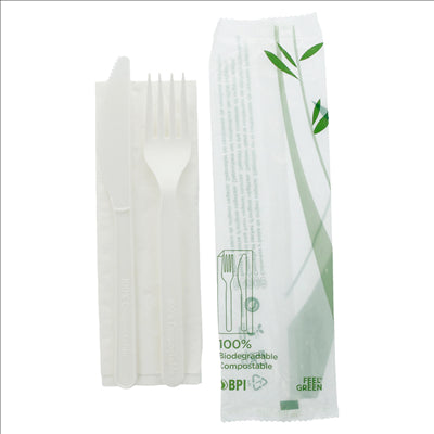 SET 3/1 FOURCHETTE, COUTEAU, SERVIETTE  18 CM BLANC CPLA (500 UNITÉS)