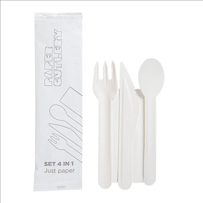 SET 4/1 FOURCHETTE, COUTEAU, CUILLÈRE, SERVIETTE 'PAPER CUTLERY'  15,8 CM BLANC PAPIER (100 UNITÉS)