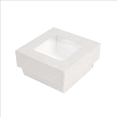 PETITES BOÎTES+COUVERCLES AVEC FÊNETRE 200 ML - 6,6 oz 300 + 15 PE G/M2 7x7x4 CM BLANC CARTON (250 UNITÉS)