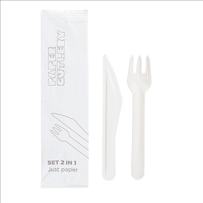 SET 2/1 FOURCHETTE, COUTEAU 'PAPER CUTLERY'  15,8 CM BLANC PAPIER (100 UNITÉS)