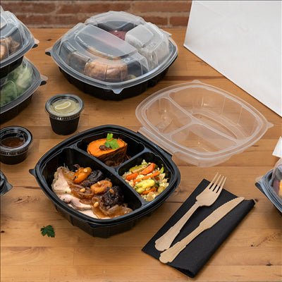 RÉCIPIENTS AVEC COUVERCLE CHARNIÈRE 3 COMPARTIMENTS MICRO-ONDABLES 1130 ML 22,9x23,3x8,2 CM NOIR PP (100 UNITÉS)