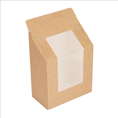 BOÎTES AVEC FENÊTRE "TORTILLA" - FERMETURE AUTO-ADHÉSIVE 'THEPACK' 220 G/M2 + OPP 9,2x5,1x9,2/12,5 CM NATUREL CARTON ONDULÉ NANO-MICRO (600 UNITÉS)