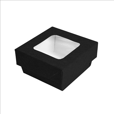 PETITES BOÎTES+COUVERCLES AVEC FÊNETRE 200 ML - 6,6 oz 270 + 15 PE G/M2 7x7x4 CM NOIR CARTON (250 UNITÉS)