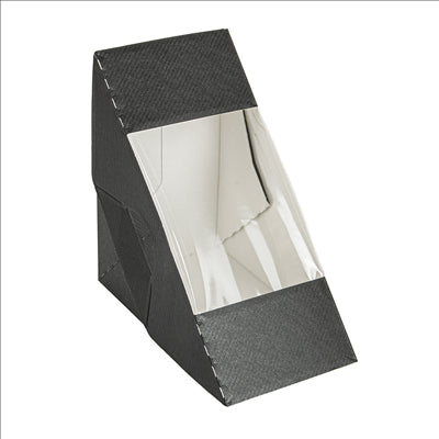 BOÎTES SANDWICH AVEC FENÊTRE - DOBLE 'THEPACK' 230 G/M2 + OPP 12,4x12,4x7,5 CM NOIR CARTON ONDULÉ NANO-MICRO (500 UNITÉS)