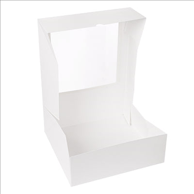 BOÎTES PÂTISSERIES AVEC FENÊTRE 'THEPACK DECO' 250 G/M2 + OPP 28x28x10 CM BLANC CARTON ONDULÉ NANO-MICRO (50 UNITÉS)