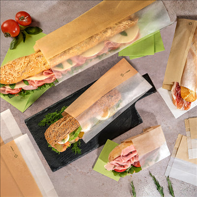 SACHETS POUR SANDWICHES AVEC FENÊTRE ECO 'CORNER WINDOW' 40 G/M2 12+6x38 CM NATUREL PARCH.INGRAISSABLE (250 UNITÉS)