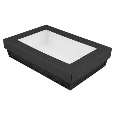 PETITES BOÎTES+COUVERCLES AVEC FÊNETRE 1300 ML 290 + 15 PE G/M2 21x14x5 CM NOIR CARTON (200 UNITÉS)