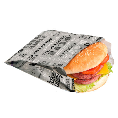 SACHETS POUR BURGER 'PAROLE' 35+20 G/M2 14+7x22 CM ARGENTE PARCHEMIN + ALUMINIUM (500 UNITÉS)