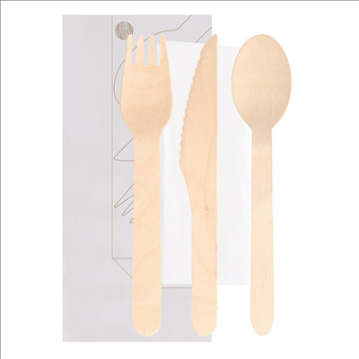 SET 4/1 FOURCHETTE, COUTEAU, CUILLÈRE, SERVIETTE 'MAKAN'  16 CM NATUREL BOIS (100 UNITÉS)