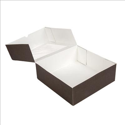 BOÎTES PÂTISSERIES AVEC FENÊTRE 'THEPACK' 250 G/M2 + OPP 28x28x10 CM CHOCOLAT CARTON ONDULÉ NANO-MICRO (100 UNITÉS)