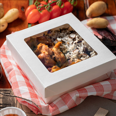 PETITES BOÎTES+COUVERCLES AVEC FÊNETRE 'THEPACK' 750 ML 230 G/M2 + 12PP + OPP 14x14x5 CM BLANC CARTON ONDULÉ NANO-MICRO (250 UNITÉS)