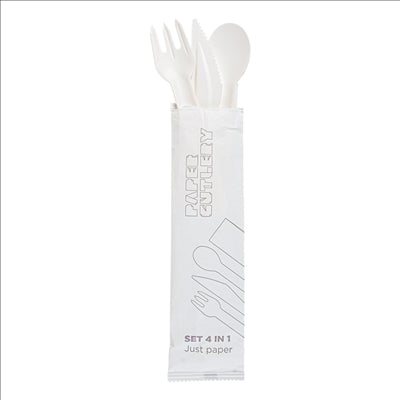 SET 4/1 FOURCHETTE, COUTEAU, CUILLÈRE, SERVIETTE 'PAPER CUTLERY'  15,8 CM BLANC PAPIER (100 UNITÉS)