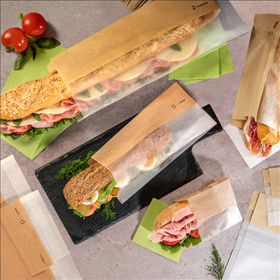 SACHETS POUR SANDWICHES AVEC FENÊTRE ECO 'CORNER WINDOW' 40 G/M2 12+6x23 CM NATUREL PARCH.INGRAISSABLE (250 UNITÉS)