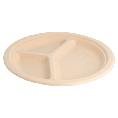 ASSIETTES 3 COMPART. 'BIONIC'  Ø 26x2,6 CM NATUREL BAGASSE (800 UNITÉS)