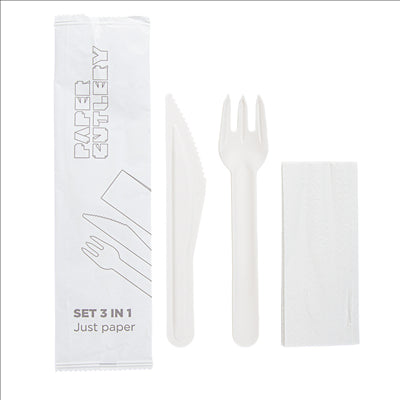 SET 3/1 FOURCHETTE, COUTEAU, SERVIETTE 'PAPER CUTLERY'  15,8 CM BLANC PAPIER (100 UNITÉS)