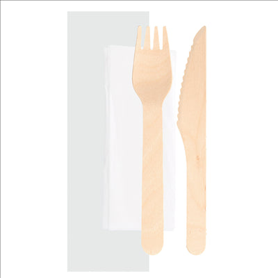 SET 3/1 FOURCHETTE, COUTEAU, SERVIETTE 'MAKAN'  16 CM NATUREL BOIS (100 UNITÉS)