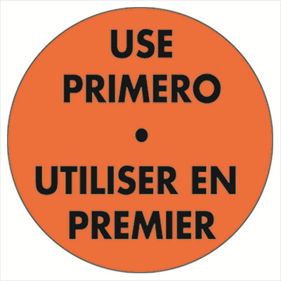 500 U. ÉTIQUETTES ADHÉSIVES "UTILISER EN PREMIER"  Ø 7,5 CM ORANGE ADHESIF (1 UNITÉ)