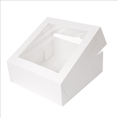 BOÎTES PÂTISSERIES AVEC FENÊTRE 'THEPACK DECO' 250 G/M2 + OPP 28x28x10 CM BLANC CARTON ONDULÉ NANO-MICRO (50 UNITÉS)