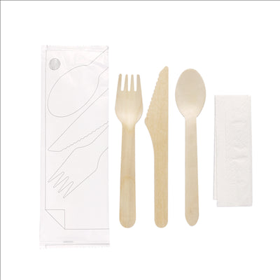 SET 4/1 FOURCHETTE, COUTEAU, CUILLÈRE, SERVIETTE 'MAKAN'  16 CM NATUREL BOIS (100 UNITÉS)