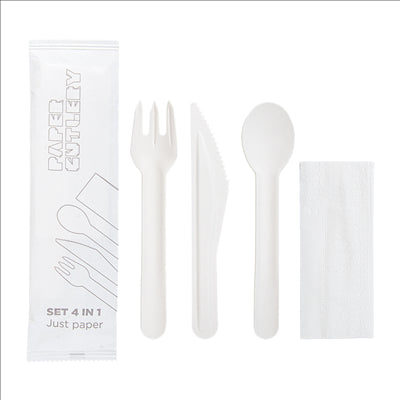 SET 4/1 FOURCHETTE, COUTEAU, CUILLÈRE, SERVIETTE 'PAPER CUTLERY'  15,8 CM BLANC PAPIER (100 UNITÉS)