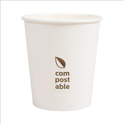 GOBELETS BOISSONS FROIDES ET CHAUDES 1 PAROI 'COMPOSTABLE' 180 ML - 6 oz 260 G/M2 Ø7,2/5,3x7,8 CM BLANC CARTON (1000 UNITÉS)