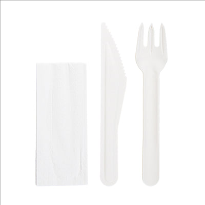 SET 3/1 FOURCHETTE, COUTEAU, SERVIETTE 'PAPER CUTLERY'  15,8 CM BLANC PAPIER (100 UNITÉS)