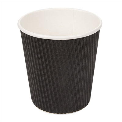 GOBELETS BOISSONS CHAUDES DOUBLE PAROI, ONDULÉ 180 ML 260 + 250 + 18 PE G/M2 Ø7,2/5,3x7,8 CM NOIR CARTON (1000 UNITÉS)