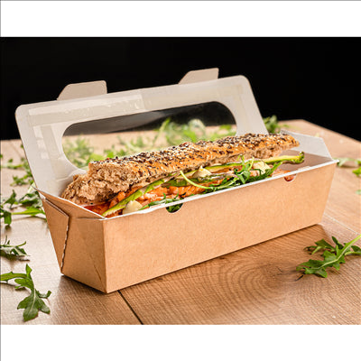 BOÎTES SANDWICH AVEC FENÊTRE - BAGUETTE 'THEPACK' 220 G/M2 + OPP 27,5x8x6,2 CM NATUREL CARTON ONDULÉ NANO-MICRO (200 UNITÉS)